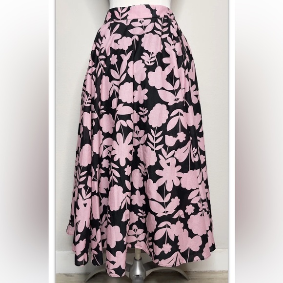 Boden Full Cotton Midi Skirt w Pink/Black Bold Flower Print Size 8P - Picture 6 of 10